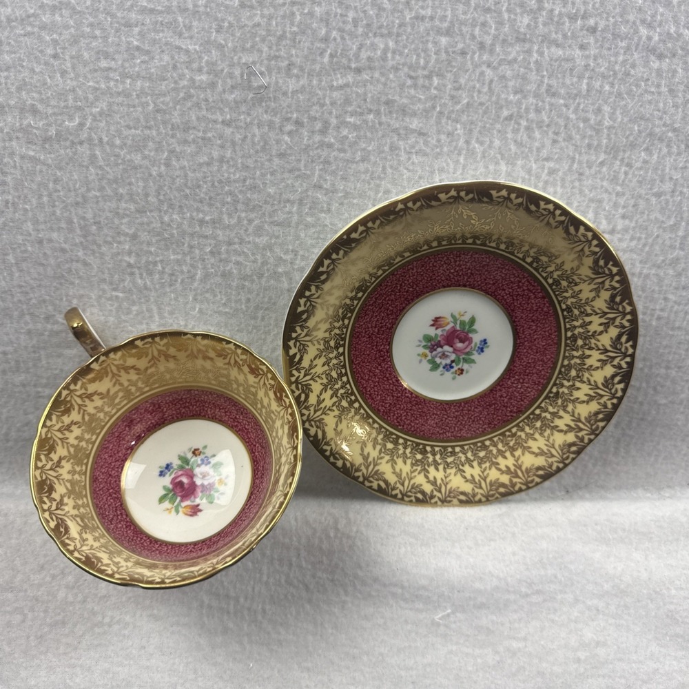 Aynsley Bone China Cup & Saucer Burgundy Red Gold Floral Center England Mint